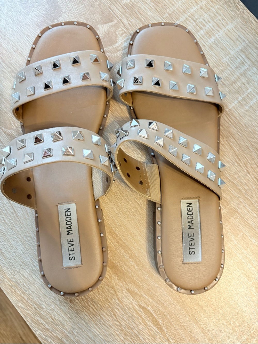 Steve Madden Beige Studded Double-Strap Slide Sandals